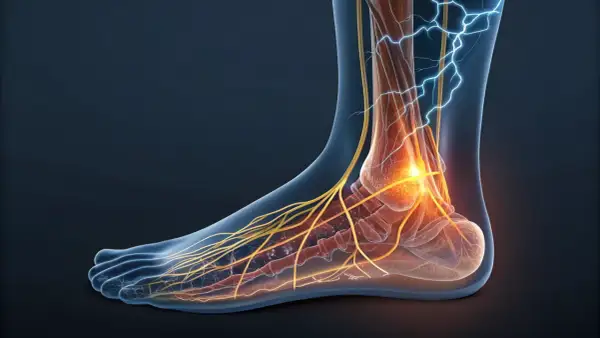 Rappresentazione anatomica dei nervi del piede, con scariche elettriche che indicano dolore o stimolazione.