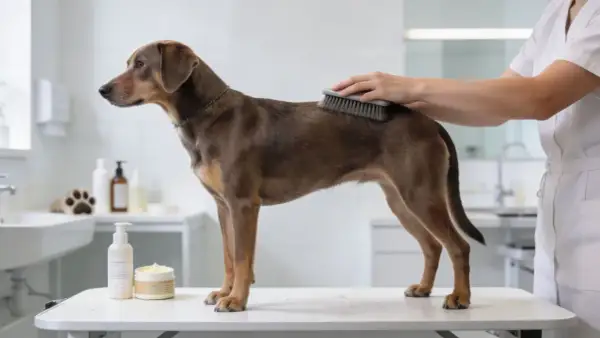 Un perro de raza mediana de pelo corto recibe un cepillado en un entorno de aseo.