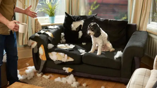 Ein Hund hat das Sofa zerlegt. Der Besitzer schaut fassungslos zu. Vielleicht braucht der Hund mehr Beschäftigung, um den **Hund auslasten zuhause** zu können.