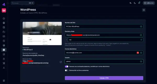 Configuración para como crear un blog en WordPress. Se ingresa el nombre del sitio, dominio, correo y usuario para instalar el CMS.
