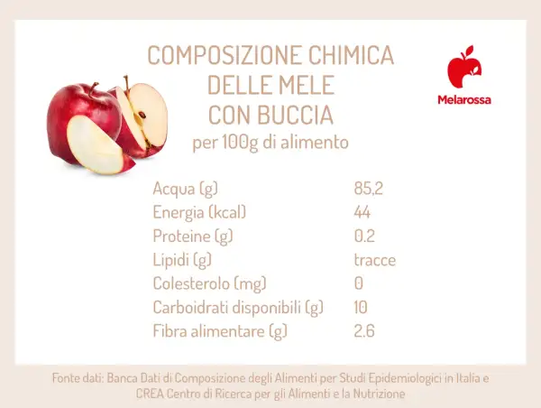 Una mela rossa, con buccia, apporta 44 kcal per 100g. Dettagli nutrizionali di questo frutto.