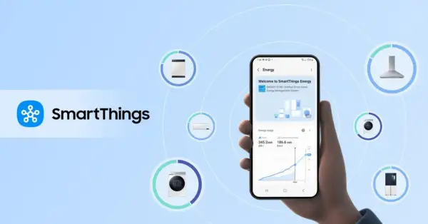 Un smartphone affiche l'application SmartThings Energy, montrant la consommation d'énergie. Un avis sur SmartThings qui met en avant la gestion de l'énergie domestique.