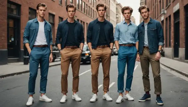 Pięciu mężczyzn w casualowych stylizacjach, prezentujących różne sposoby, jak podwinąć spodnie, aby uzyskać modny wygląd.