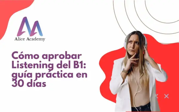 Mujer con auriculares, pensando en cómo mejorar su listening B1. Guía práctica en 30 días.
