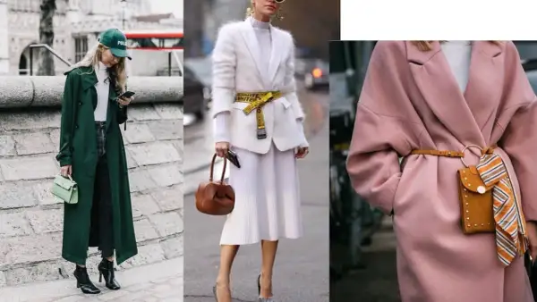 Trzy kobiety prezentują różne style ubioru: elegancki płaszcz w kolorze butelkowej zieleni, biały zestaw z futrzaną marynarką i żółtym paskiem, oraz różowy płaszcz z ozdobnym paskiem i torebką.
