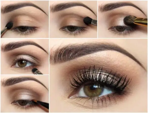 Étapes pour un maquillage soirée : application d'ombres à paupières, d'eye-liner et de mascara pour un regard intense.
