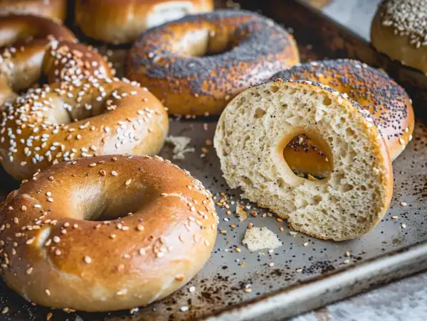 Färska bagels med sesamfrön och vallmofrön, redo att avnjutas. Ett perfekt bagels recept för hemmabruk.