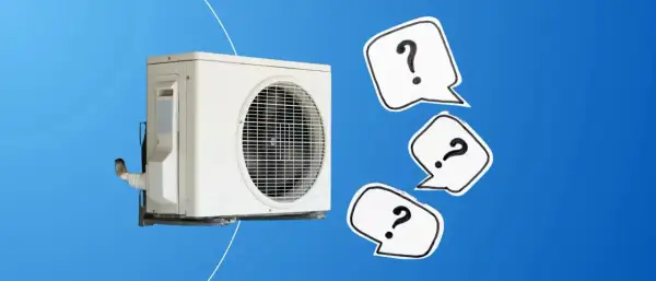 Unité extérieure de pompe à chaleur air eau. Des bulles de dialogue avec des points d'interrogation suggèrent des questions sur les avis.