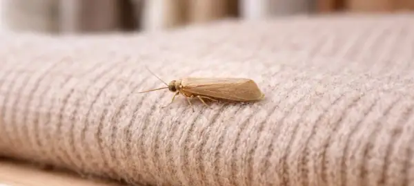 Un petit insecte brun, une mite, se repose sur un tissu beige. Il pourrait être la cause d'un trou de mite dans votre garde-robe.
