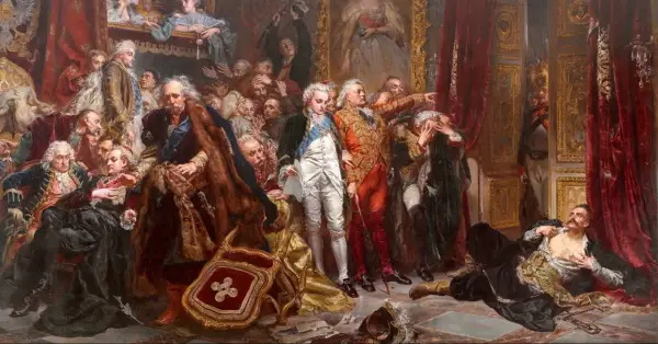 Malarstwo historyczne przedstawiające dramatyczną scenę z udziałem szlachty i wojskowych. W centrum uwagę przykuwa postać w czerwonym stroju, wskazująca palcem.