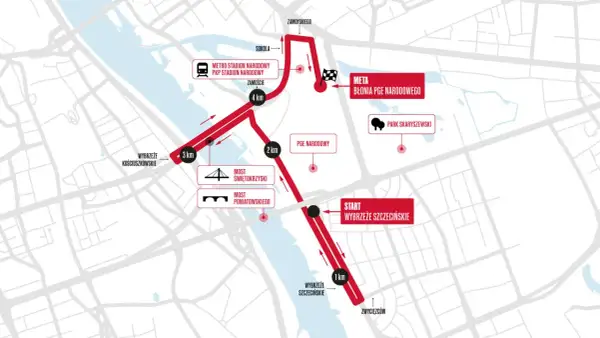 Trasa new balance bieg na piątkę w Warszawie: start na Wybrzeżu Szczecińskim, przez Most Świętokrzyski, obok PGE Narodowego, meta na Błoniach.