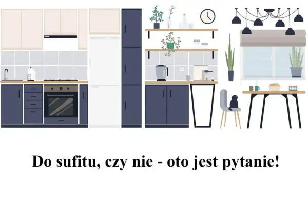 Nowoczesna kuchnia z ciemnogranatowymi szafkami i białym sprzętem AGD. Zastanawiasz się nad wymiarami szafek kuchennych?