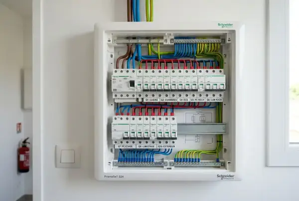 Tableau électrique Schneider avec un câblage ordonné et étiqueté pour chaque zone de la maison.