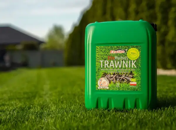 Zielony kanister z napisem "Humus Trawwnik" na tle bujnej, zielonej trawy. To naturalny nawóz, który pomoże Twojemu trawnikowi rozkwitnąć.
