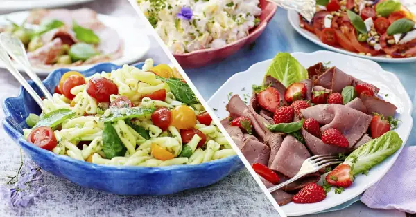Sommarmat recept: Pastasallad med tomater och basilika, samt rostbiff med jordgubbar och sallad.