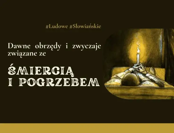 Ilustracja przedstawia postać leżącą w łóżku z zapaloną świecą, symbolizującą dawne obrzędy i przesądy cmentarne związane ze śmiercią i pogrzebem.