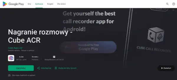 Aplikacja do nagrywania rozmów Cube ACR na Androida. Pobierz ją z Google Play i zacznij nagrywać swoje rozmowy.