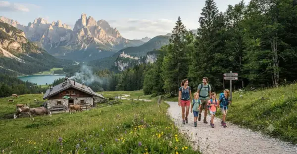 Famiglia in escursione in Trentino, con un rifugio alpino, mucche al pascolo e montagne maestose sullo sfondo.