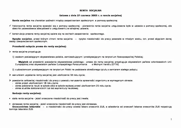 Renta socjalna a renta z tytułu niezdolności do pracy: dokument omawia przesłanki, rodzaje i ryzyka związane z rentą socjalną.