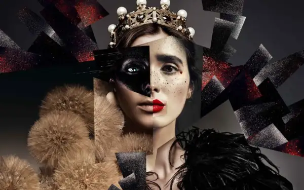 A queen's face, split and reimagined, shows how to make a good collage with dandelions, feathers, and glittery shards.