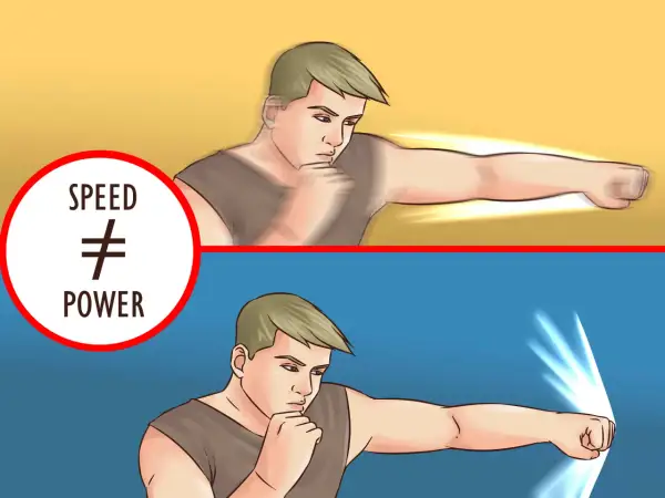 Two panels show a boxer. The top panel, with a yellow background, shows a blurred punch and a circle stating "SPEED ≠ POWER". The bottom panel, with a blue background, shows a sharp, impactful punch. This illustrates that grip strength increase punchin...