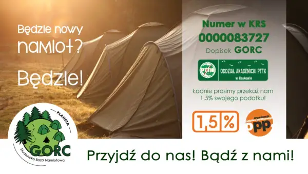 Namioty na tle zachodzącego słońca. "Będzie nowy namlot? Będzie!" - zaproszenie do GORC, studenckiej bazy namiotowej.