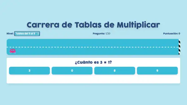 Carrera de Tablas de Multiplicar: ¿Cuánto es 3 x 1? Elige la respuesta correcta para avanzar en la carrera.