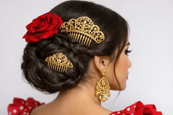 Moño de gitana con peineta dorada y rosa roja.