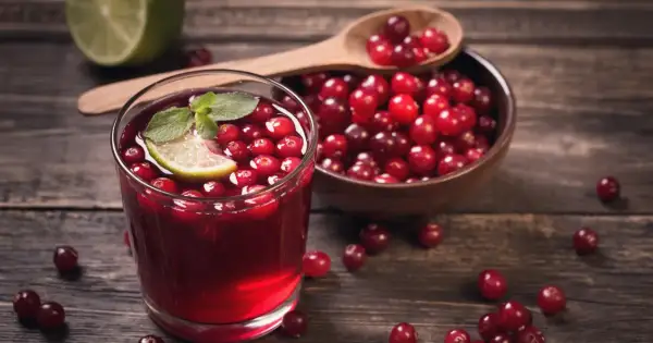 Orzeźwiający syrop z żurawiny z plasterkiem limonki i miętą w szklance, obok miseczka pełna owoców.