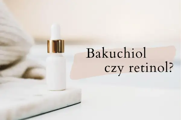 Biała buteleczka z pipetką i złotym wykończeniem. Obok tekst: "Bakuchiol czy retinol?". Dowiedz się, co to bakuchiol.