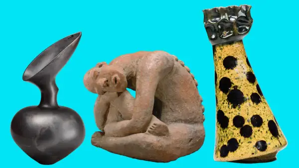 Three famous ceramic pieces: a dark, sculptural vase; a terracotta figure of a person embracing another; and a yellow vase with black polka dots.
