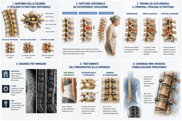Illustrazione mostra diversi tipi di fratture vertebrali, dall'osteoporosi al trauma, con diagnosi e trattamenti, inclusa la chirurgia mini-invasiva per stabilizzare le fratture.