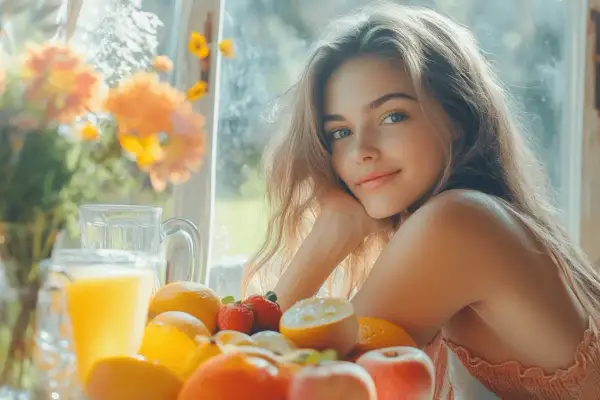 Joven sonriente junto a una mesa con frutas frescas y jugo, un ejemplo de como quitar la fatiga con una dieta saludable y un ambiente luminoso.