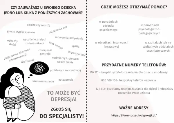 Ilustracja przedstawia smutną postać z kłębiącymi się myślami w chmurce, otoczoną listą objawów depresji.