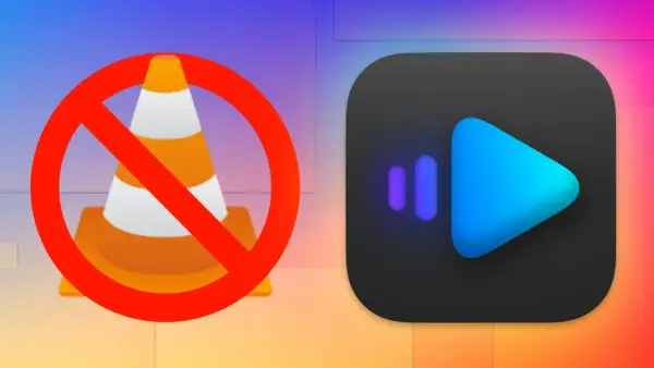 IINA vs VLC: A red circle with a diagonal line crosses out a traffic cone, symbolizing VLC. To its right, the IINA media player logo is displayed.