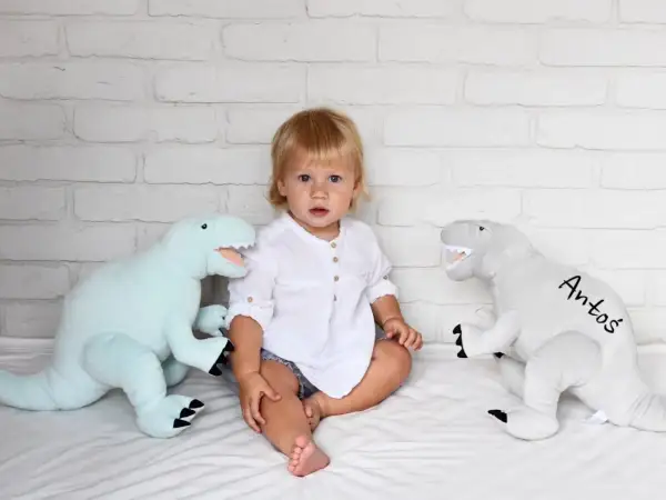 Małe dziecko siedzi między dwoma pluszowymi dinozaurami. Jasnoniebieski dinozaur po lewej i szary dinozaur z imieniem "Antoś" po prawej. Te przytulanki dla dzieci wyglądają na miękkie i zapraszające.