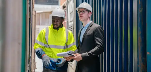 Due operai con caschi bianchi discutono documenti tra container. Uno indossa giacca alta visibilità, l'altro un completo. Verificano i permessi par.