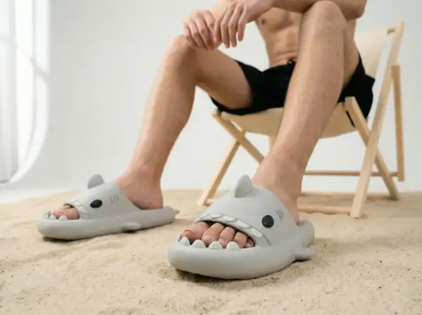 Mężczyzna w klapkach w kształcie rekinów siedzi na plaży. Czy klapki powinny być większe, by pomieścić wszystkie palce?