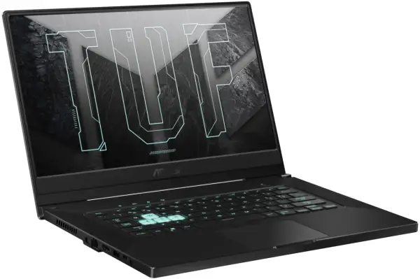 Czarny laptop ASUS TUF z podświetlaną klawiaturą i logo TUF na ekranie.