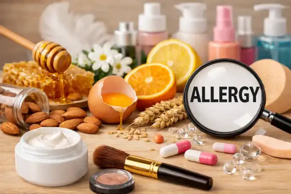 Składniki naturalne jak miód, migdały, jajko, owoce cytrusowe i zboża mogą wywoływać alergeny w kosmetykach. Lupa z napisem "ALLERGY" podkreśla ten problem.
