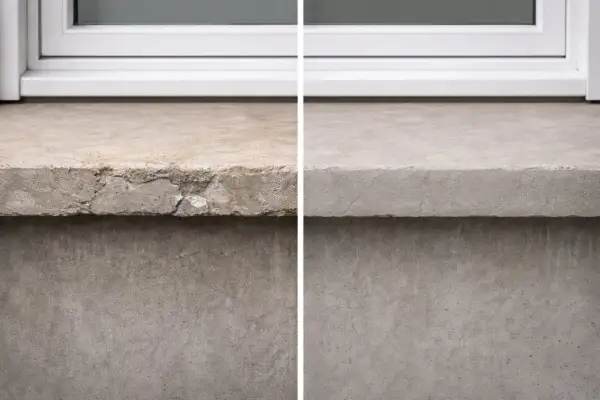 Antes y después de pintar alfeizar ventana. El lado izquierdo muestra el alfeizar deteriorado, el derecho, reparado y liso.