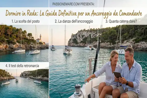 Coppia su barca studia la migliore posizione per l'ancoraggio in una baia con altre barche.