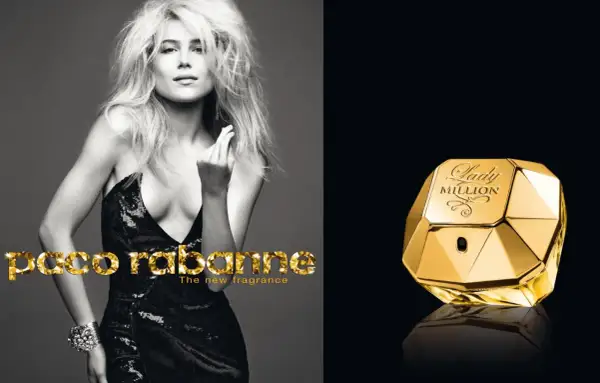 Złoty flakon perfum Lady Million Lucky obok kobiety w błyszczącej sukience.