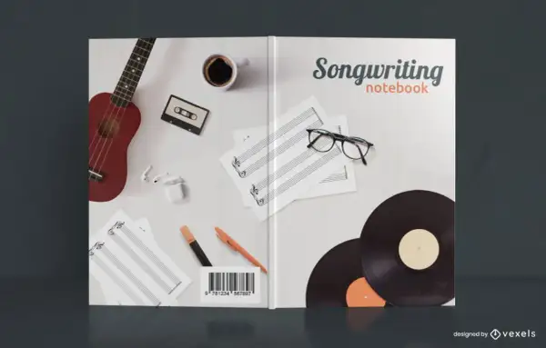 Ideas para cómo hacer una portada de cuaderno de composición musical: ukelele, café, casete, partituras, gafas, vinilos.