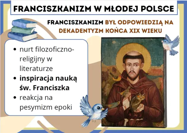 Franciszkianizm w Młodej Polsce: nurt filozoficzno-religijny, inspiracja nauką św. Franciszka, reakcja na pesymizm epoki. Obraz przedstawia św. Franciszka z ptakami.