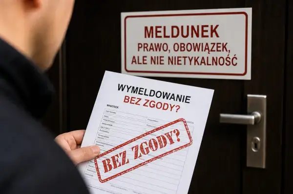 Formularz "Wymeldowanie bez zgody?". Nad nim tabliczka "Meldunek - prawo, obowiązek, ale nie nietykalność".