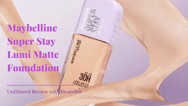 Maybelline Super Stay Lumi Matte Foundation w płynnej, beżowej konsystencji, prezentuje się w otoczeniu kremowych fal.