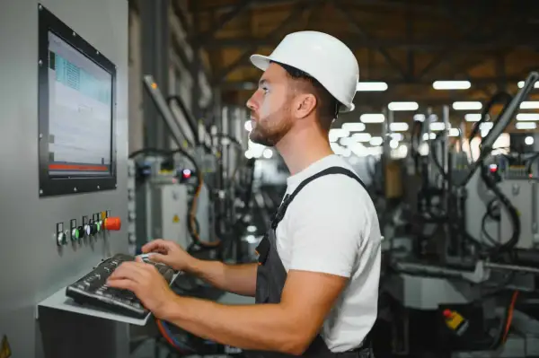 Operator maszyn CNC w białym kasku pracuje przy panelu sterowania, wprowadzając dane na klawiaturze.