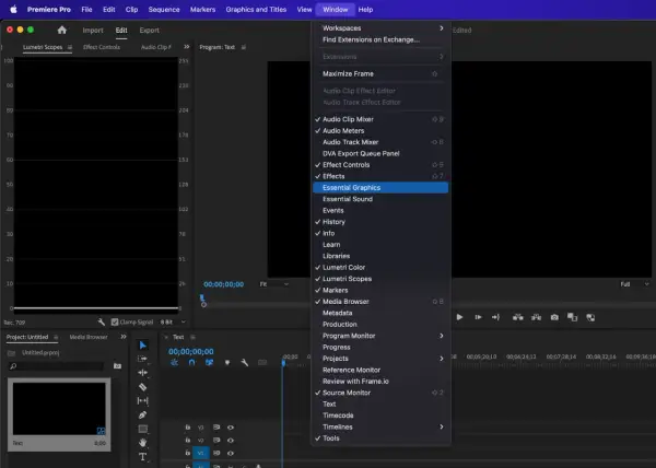 Premiere Pro window showing the "Window" menu open, with "Essential Graphics" highlighted, a key step for how to add text in Premiere Pro.