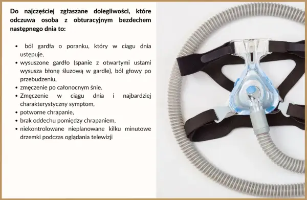 Maska CPAP i lista objawów: ból gardła, suchość w ustach, zmęczenie, chrapanie, bezdech senny.